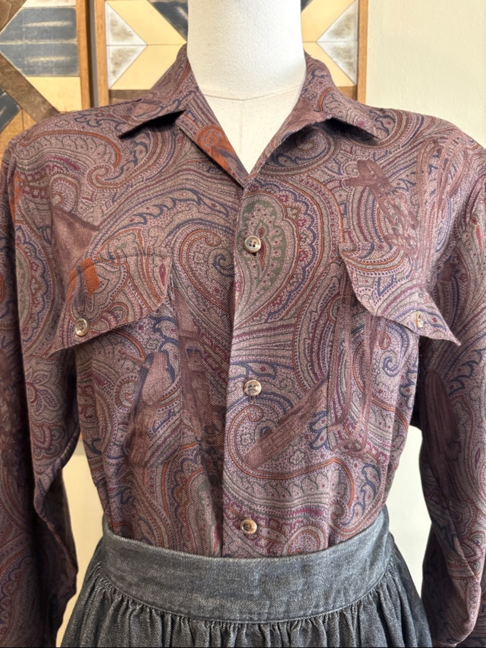 Vintage Ralph Lauren Collection Paisley Button-Up Equestrian Horse Wool Silk Top